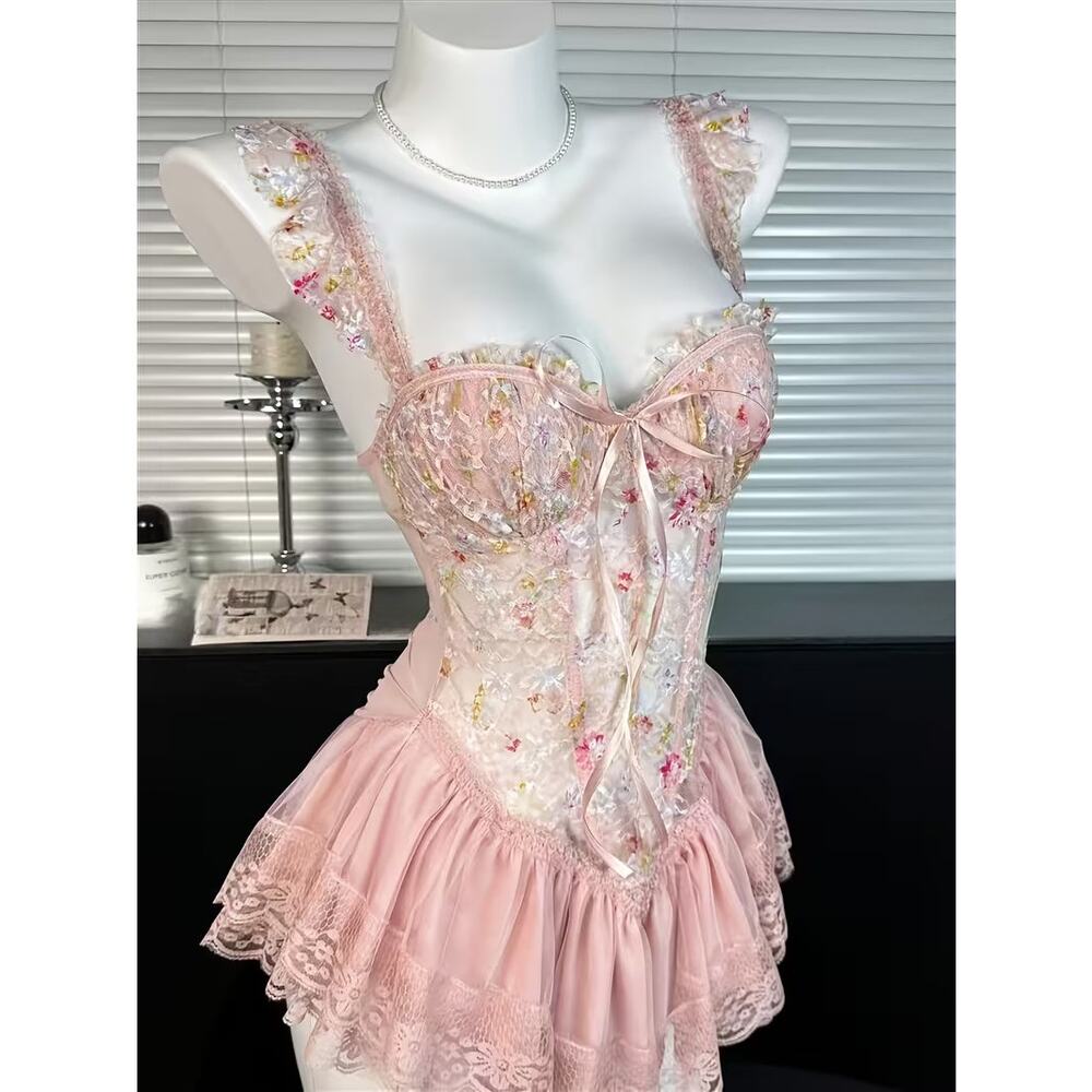 Romantic Pink Floral Lace Corset Lingerie Babydoll Dress with Tulle Skirt